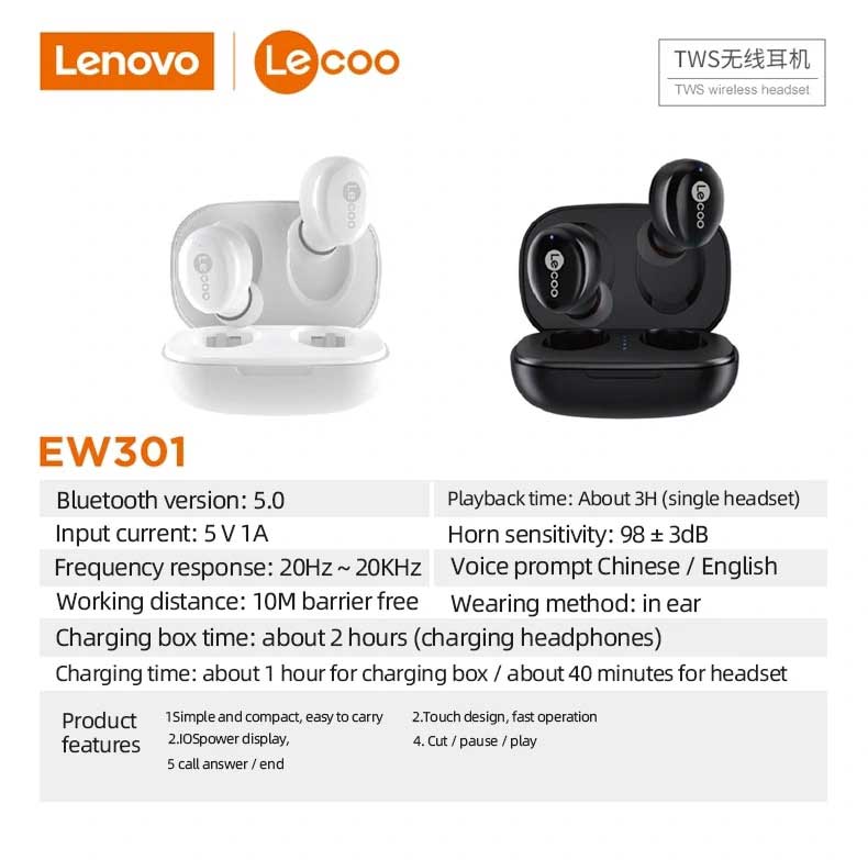 Specification of lenovo lecoo ew301 tws wirerless earbuds