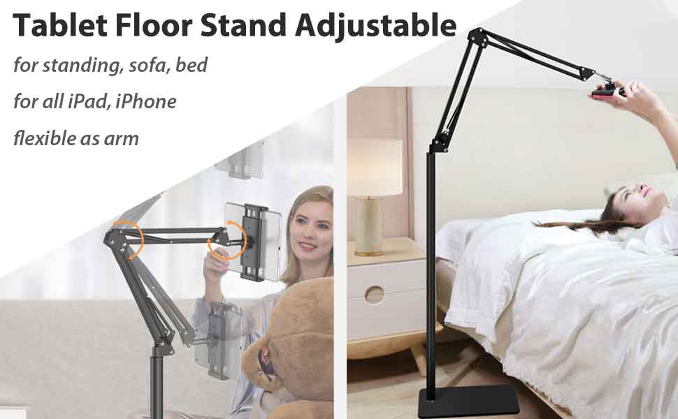 Phone and Tablet Floor Stand Adjustable for standing, sofa, bed for all iPads, Galaxy Tabs, Tablets, iPhones, Android Smartphones, 